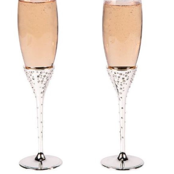 B40-NEW Pair (2) Toasting Glass Champagne Flutes with Crystals - Picture 2 of 3